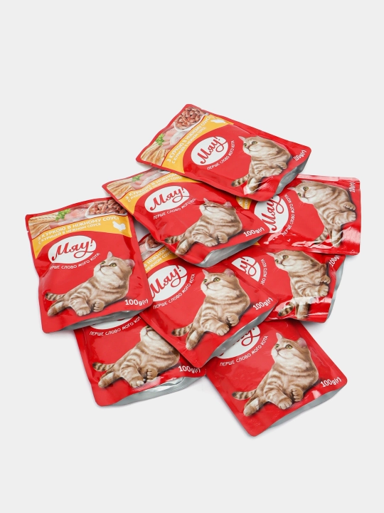 Nam ovqat Мяу kattalar mushuklari uchun, yumshoq sousda tovuq, 100 g, 24 dona