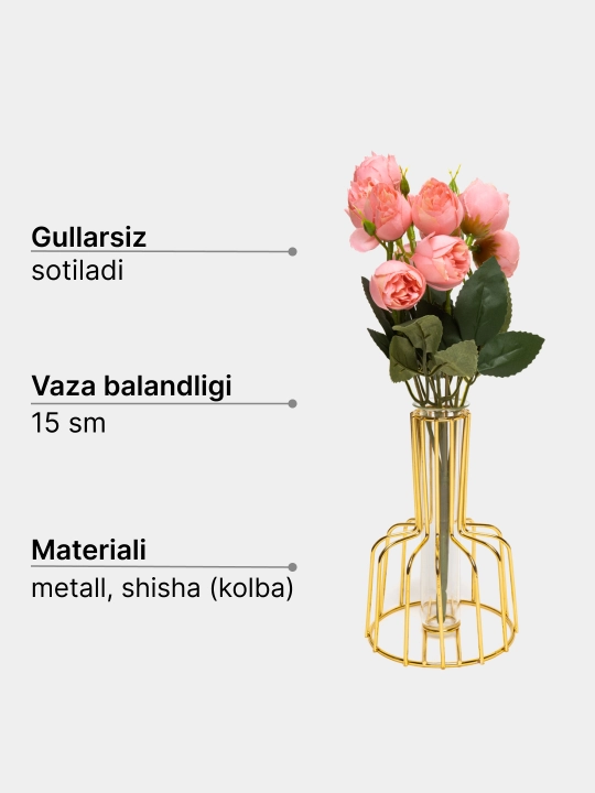 Sun’iy gullar va quruq gullar uchun shisha kolbali metall guldon