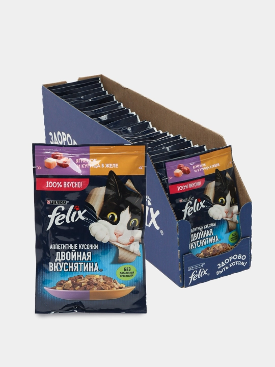 Felix nam ovqat mushuklar uchun qo'zichoq va tovuqli, 75 gr 26 dona
