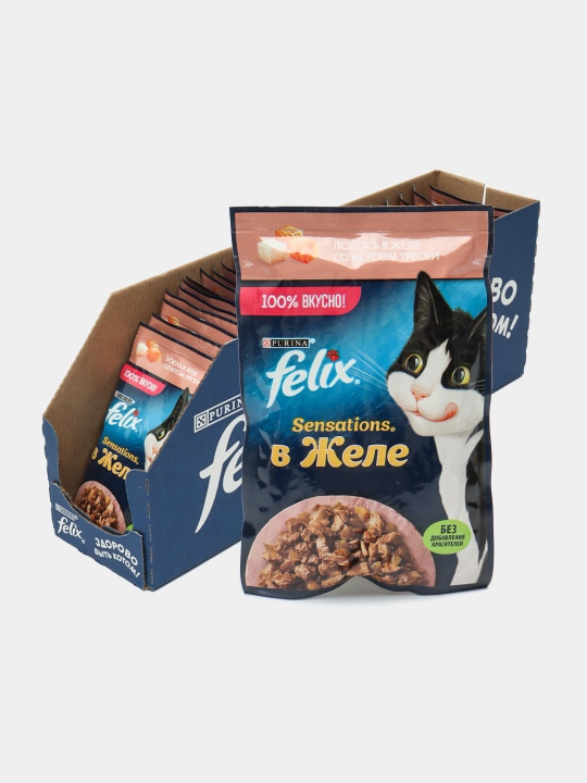 Feliх Sensations mushuklar uchun nam yem, losos, treska ta'mi bilan jele, 75 gr 26 dona