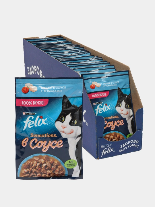 Felix Sensations mushuklar uchun nam yem, pomidor sousidagi treska, 75 gr 26 dona