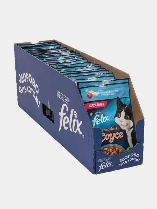 Felix Sensations mushuklar uchun nam yem, pomidor sousidagi treska, 75 gr 26 dona