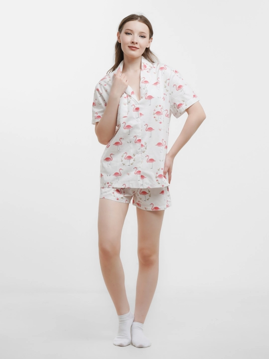 Maysar pijamasi, 100% paxta, print- Flamingo - 