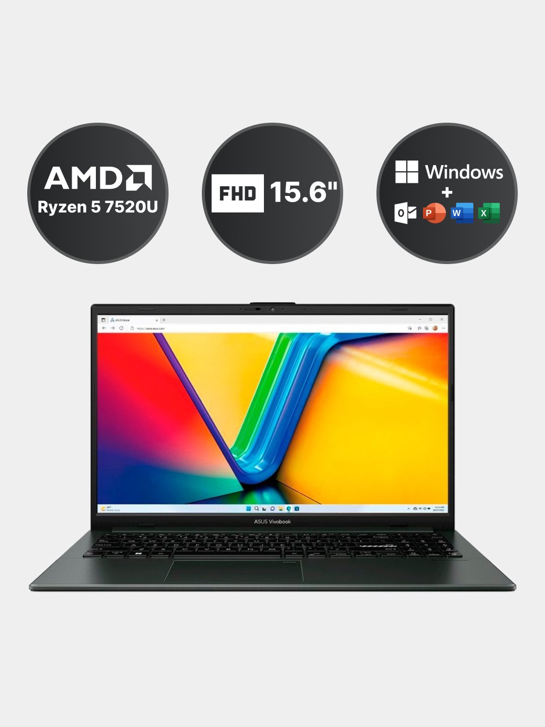 Ноутбук Asus Vivobook 15, Ryzen 5 7520U, DDR5 8GB, SSD 512GB, 15.6