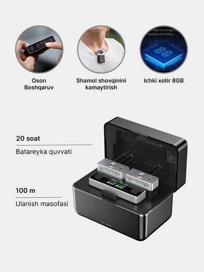 Ulanzi U-Mic A18 2 TX in 1 RX Combo,8 gb xotira,100 metr, Stereo mono, 20 soat zaryadlyash 3