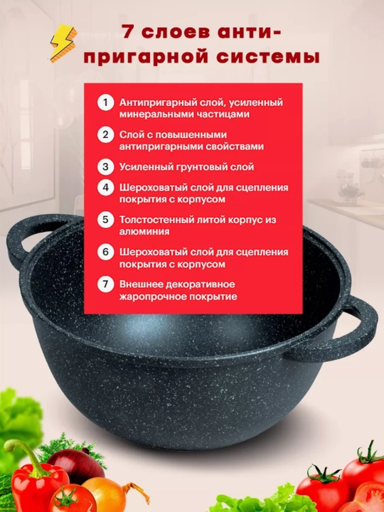 Казан с антипригарным покрытием и крышкой Горница 4, 6, 8, 10 литр
