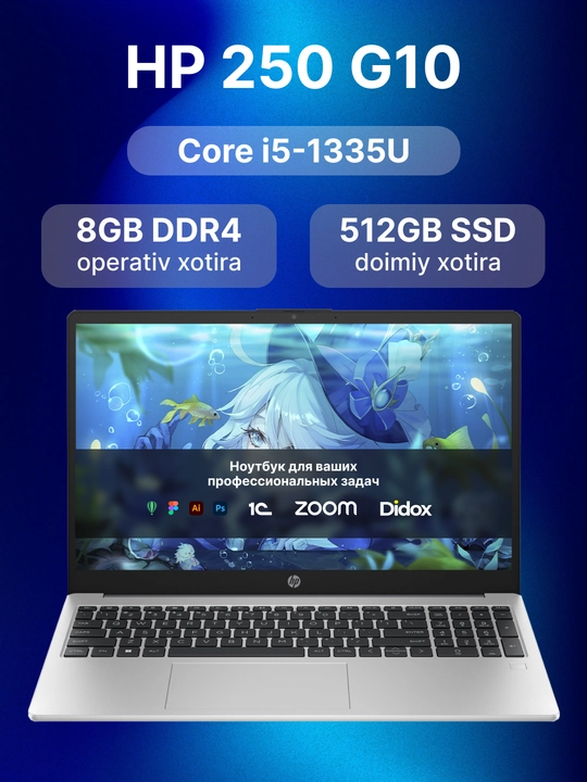 Ноутбук HP 250 G10 Core i5-1335U, DDR4 8 Гб, SSD 512 Гб, 15.6" FHD, DOS