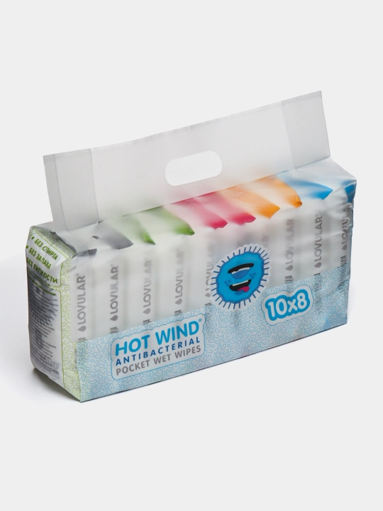 Lovular Hot Wind antibakterial nam salfetkalari 10х8 dona, yopishqoqliksiz, hidsiz