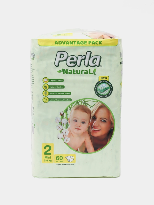 Детские подгузники Perla "Natural" Mini, №2, 3-6 кг, 60 шт - 
