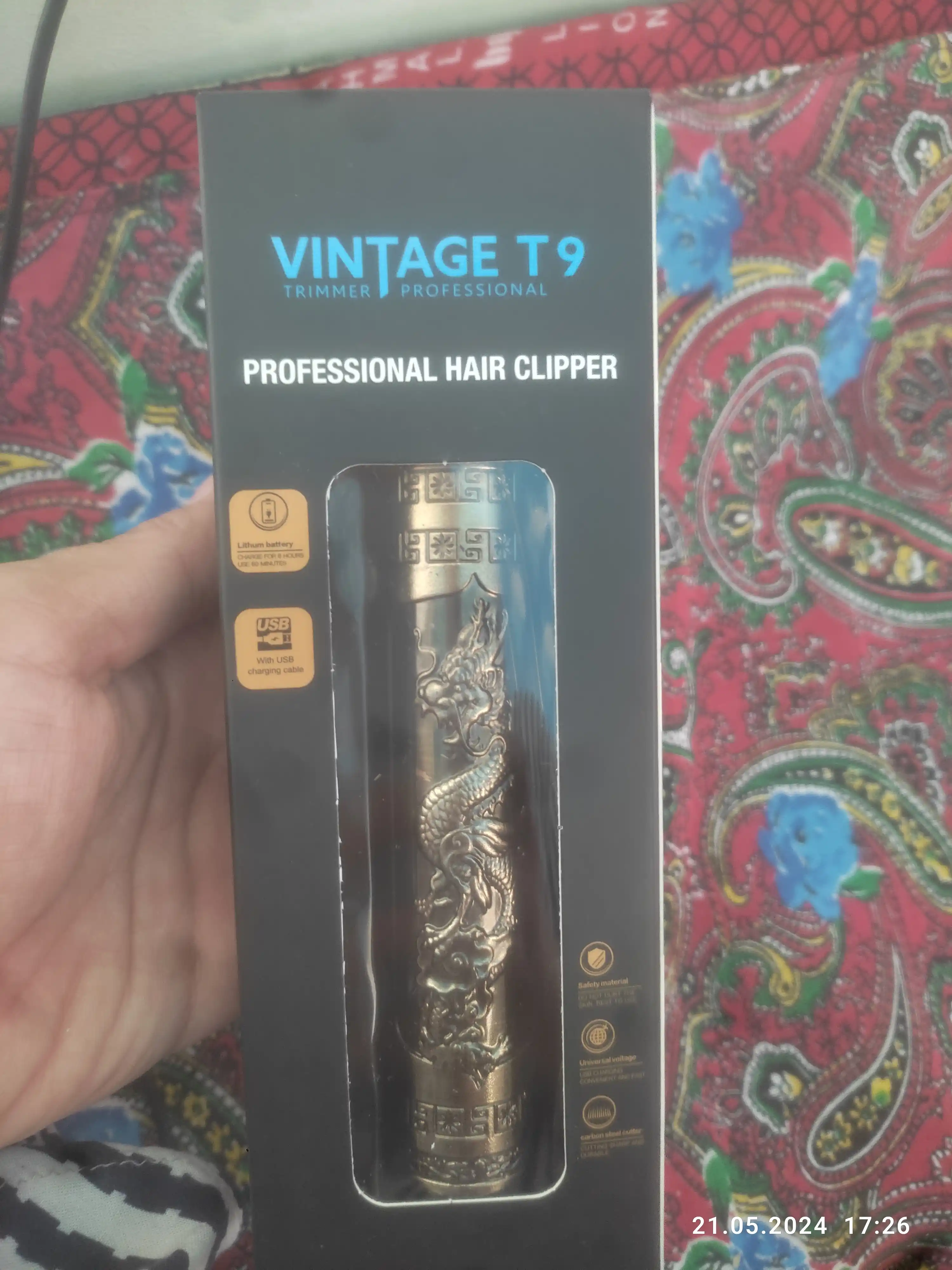 Simsiz trimmer VINTAGE T9, Dragon dizayn, 4 nasadka, 2 soat batareya