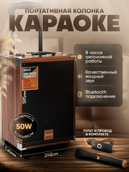 Колонка беспроводная портативная Bluetooth с микрофоном и пультом, караоке BAAB - 