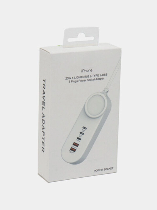 Универсальное зарядное устройство удлинитель, с 5 портами, 2 USB, 2 Type C, 1 Lightning