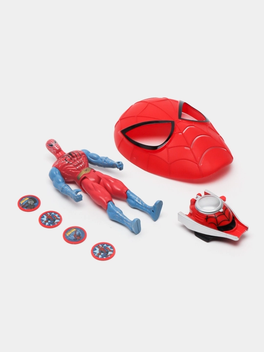 Marvel superqahramoni SpiderMan seti - niqob, qo‘l blasteri, fishkalar, 4 ta