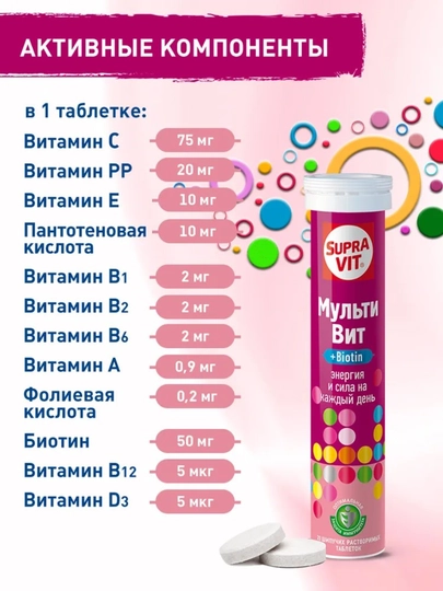 Мультивит + Биотин, Витамины Supra Vit 20 шипучих растворимых таблеток