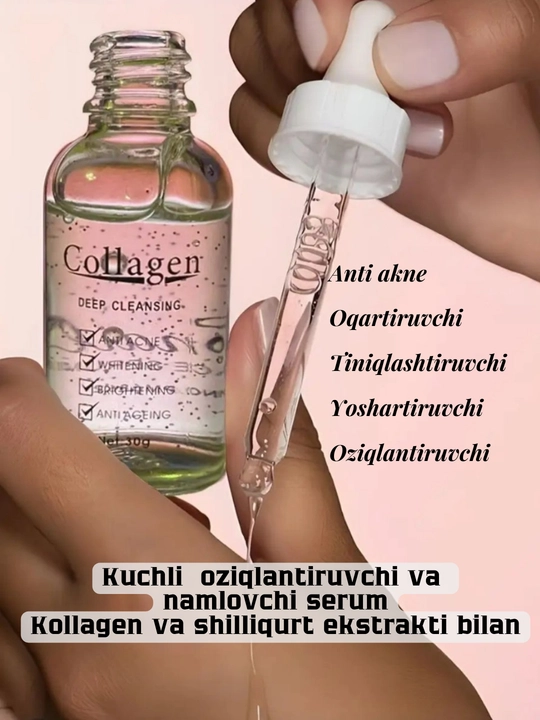 Oqartiruvchi va yoshartiruvchi yuz uchun zardob Collagen, shilliqurt musin bilan