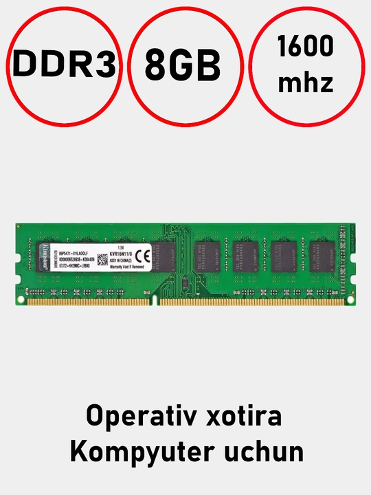 Operativ xotira Kingston 8GB DDR3, 1600 MHz, PC3-12800, kompyuter uchun - 