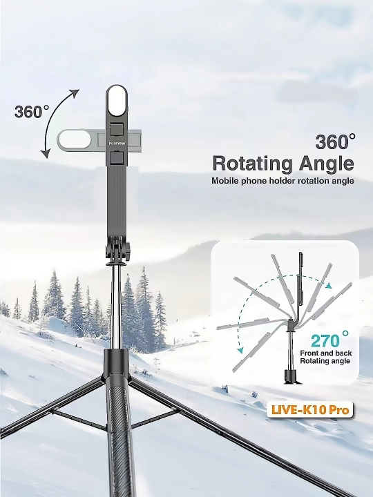 Tripod stendi, selfi tayoqchasi + LED chiroq, jonli efir uchun, 200 sm