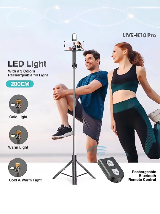 Tripod stendi, selfi tayoqchasi + LED chiroq, jonli efir uchun, 200 sm