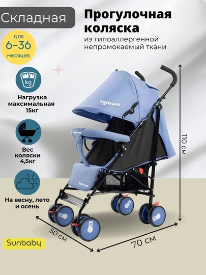 Прогулочная коляска с компактным механизмом сложения "Трость" — SUNBАBY-POPPY-ГОЛУБ