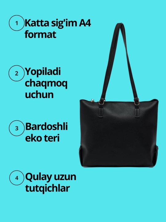 Ayollar sumkasi, katta, klassik, o'qish, ishlash uchun, A4, elkama-sumka, maktab sumkasi