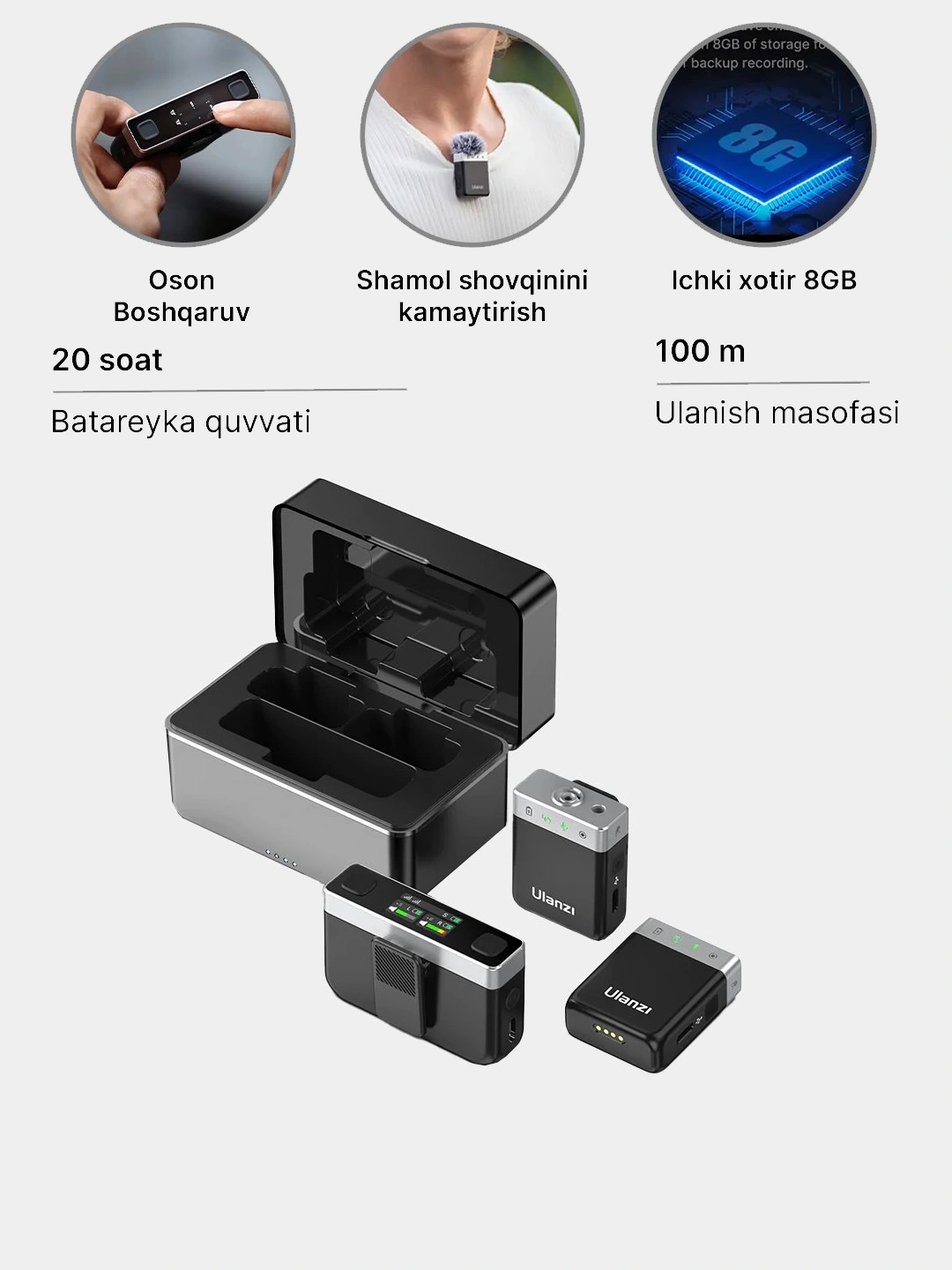 Ulanzi U-Mic A18 2 TX in 1 RX Combo,8 gb xotira,100 metr, Stereo mono, 20 soat zaryadlyash 2