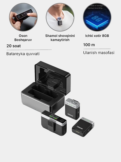 Ulanzi U-Mic A18 2 TX in 1 RX Combo,8 gb xotira,100 metr, Stereo mono, 20 soat zaryadlyash 2