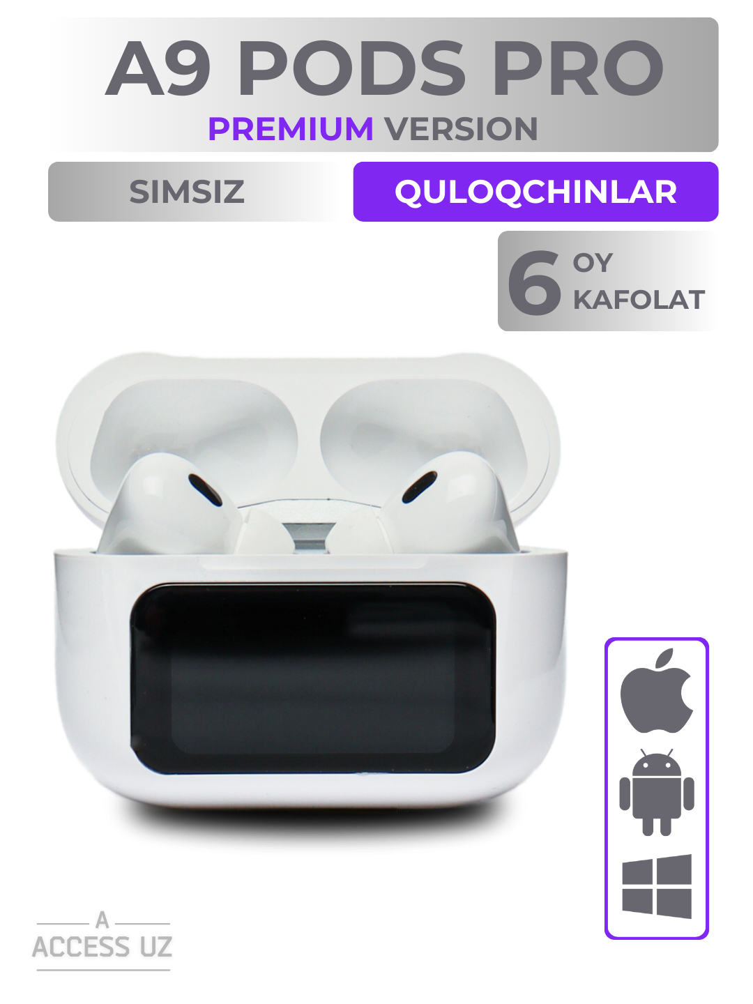 Беспроводные наушники A9 Pods Pro 2 ANC, с сенсорным экраном купить по ...