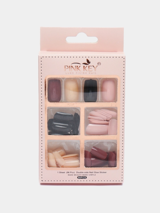 Soxta tirnoqlar to'plami, kvadrat shaklli, 96 dona, 24 donadan - 4 xil rangda, Pink Key