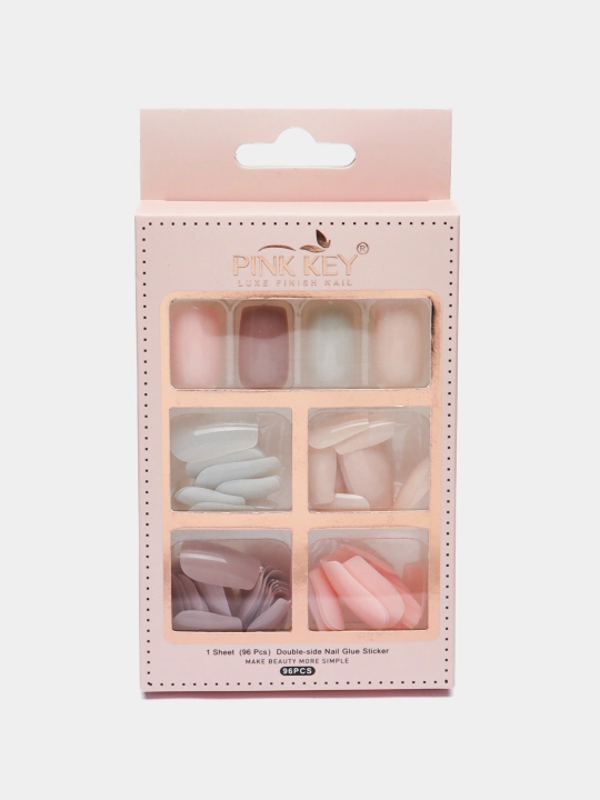 Soxta tirnoqlar to'plami, kvadrat shaklli, 96 dona, 24 donadan - 4 xil rangda, Pink Key