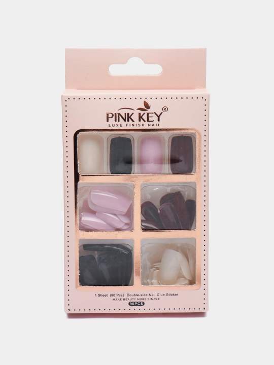 Soxta tirnoqlar to'plami, kvadrat shaklli, 96 dona, 24 donadan - 4 xil rangda, Pink Key