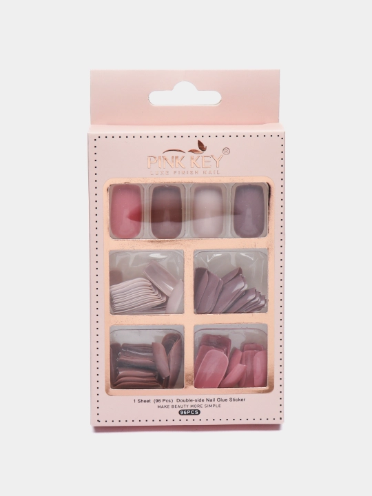 Soxta tirnoqlar to'plami, kvadrat shaklli, 96 dona, 24 donadan - 4 xil rangda, Pink Key
