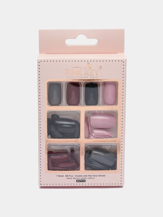 Soxta tirnoqlar to'plami, kvadrat shaklli, 96 dona, 24 donadan - 4 xil rangda, Pink Key