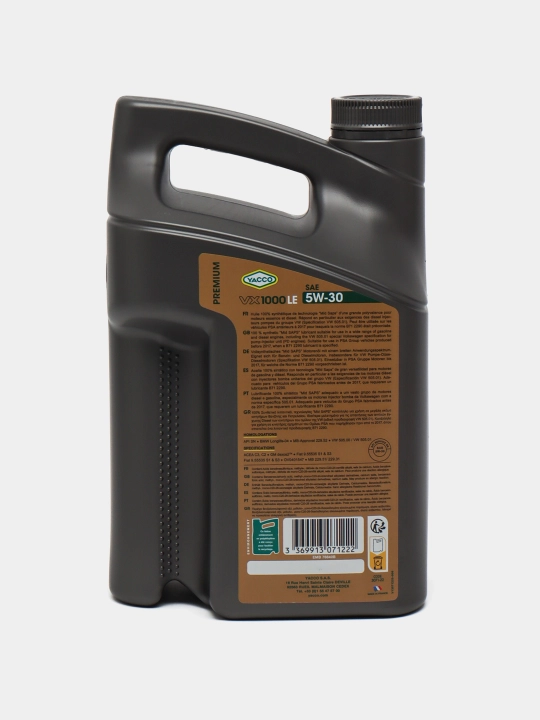 YACCO VX 1000 LE 5W-30 C2-C3 DEXOS-2 MB229.52 - 100% синтетическое моторное масло, 5 л 