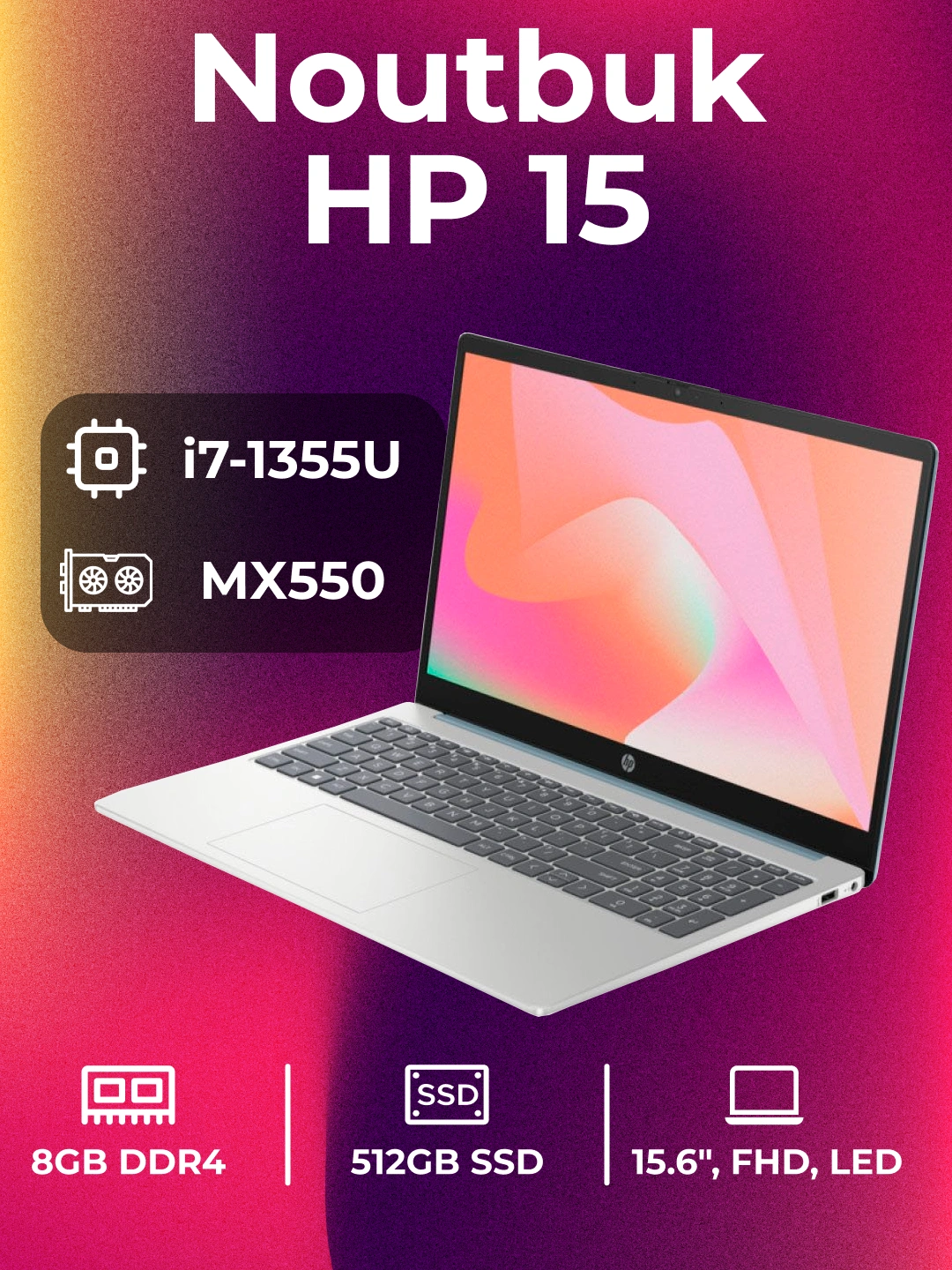 Ноутбук "HP 15", i7 - 1355U, DDR4 8 ГБ, SSD 512 ГБ, GeForce MX550 2 ГБ, 15,6" FHD LED за 9799000 сум со скидкой 33%. Uzum Market