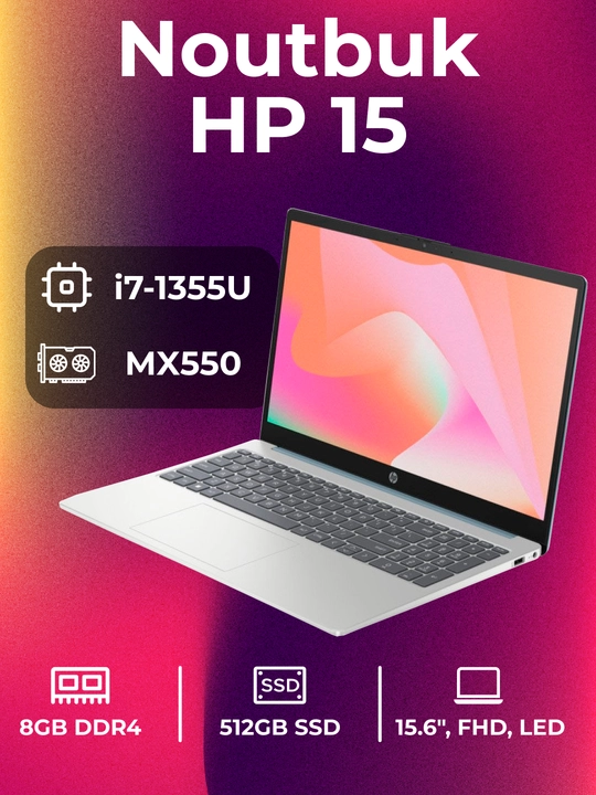 Noutbuk "HP 15", i7 - 1355U, DDR4 8GB, SSD 512 GB, GeForce MX550 2GB, 15.6" FHD LED - 