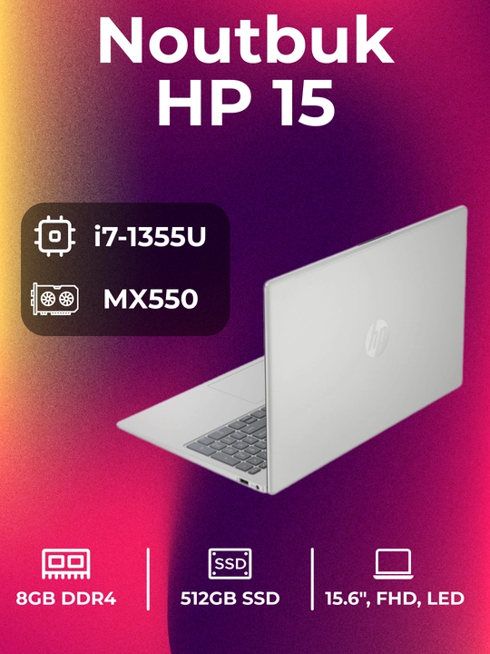Ноутбук "HP 15", i7 - 1355U, DDR4 8 ГБ, SSD 512 ГБ, GeForce MX550 2 ГБ, 15,6" FHD LED