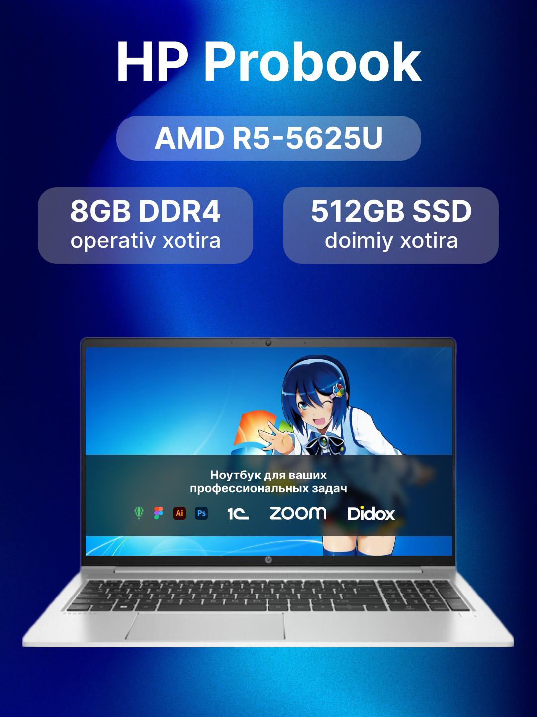 Ноутбук HP Probook, AMD R5-5625U, DDR4 8GB / 512GB SSD, 15.6" FHD, DOS