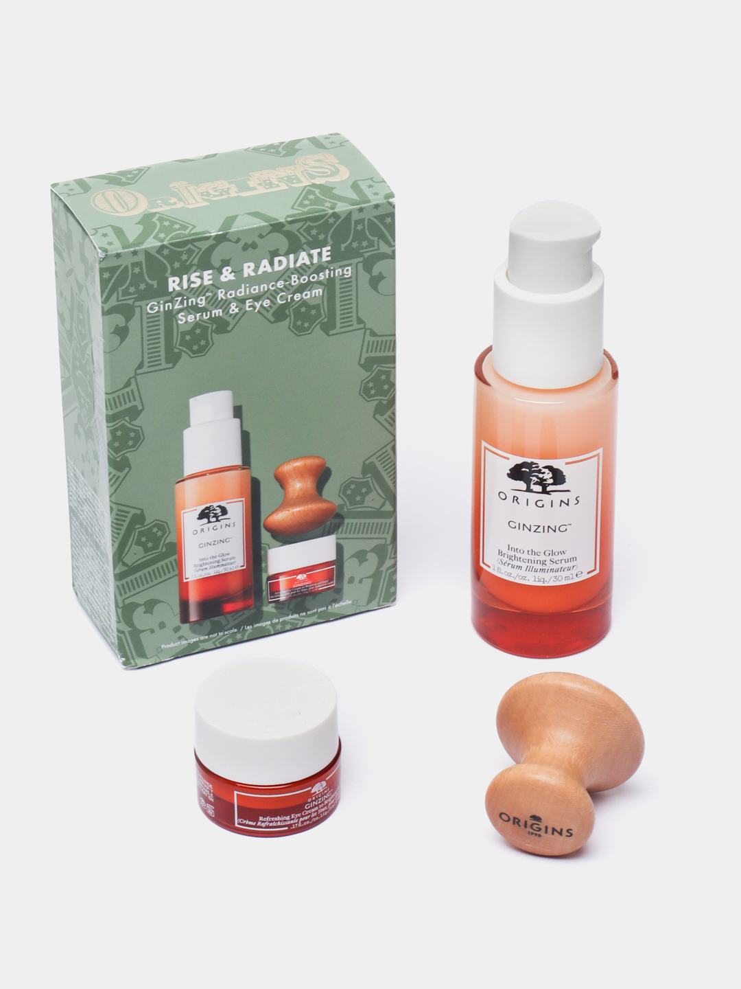 Origins Rise and Radiant set, серум и крем вокруг глаз с деревянным массажером
