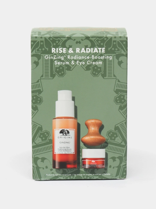 Origins Rise and Radiant set, серум и крем вокруг глаз с деревянным массажером - 