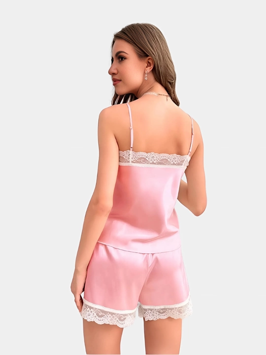 Atlasli pijama ayollar uchun, penyuar, uy uchun toplam, shortik va top lyamkada Kioko