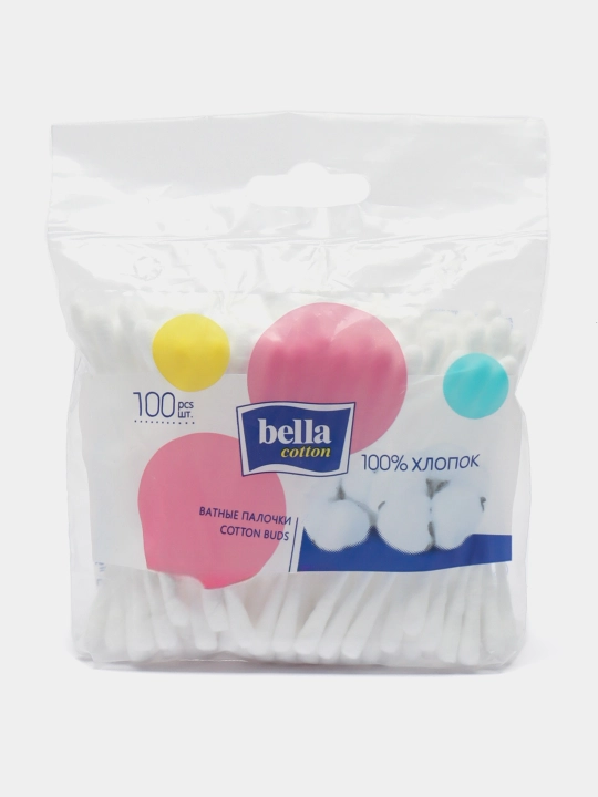 Gigiyenik paxta tayoqchalari Bella cotton care, polipropilen qadoqlarda, 100 dona