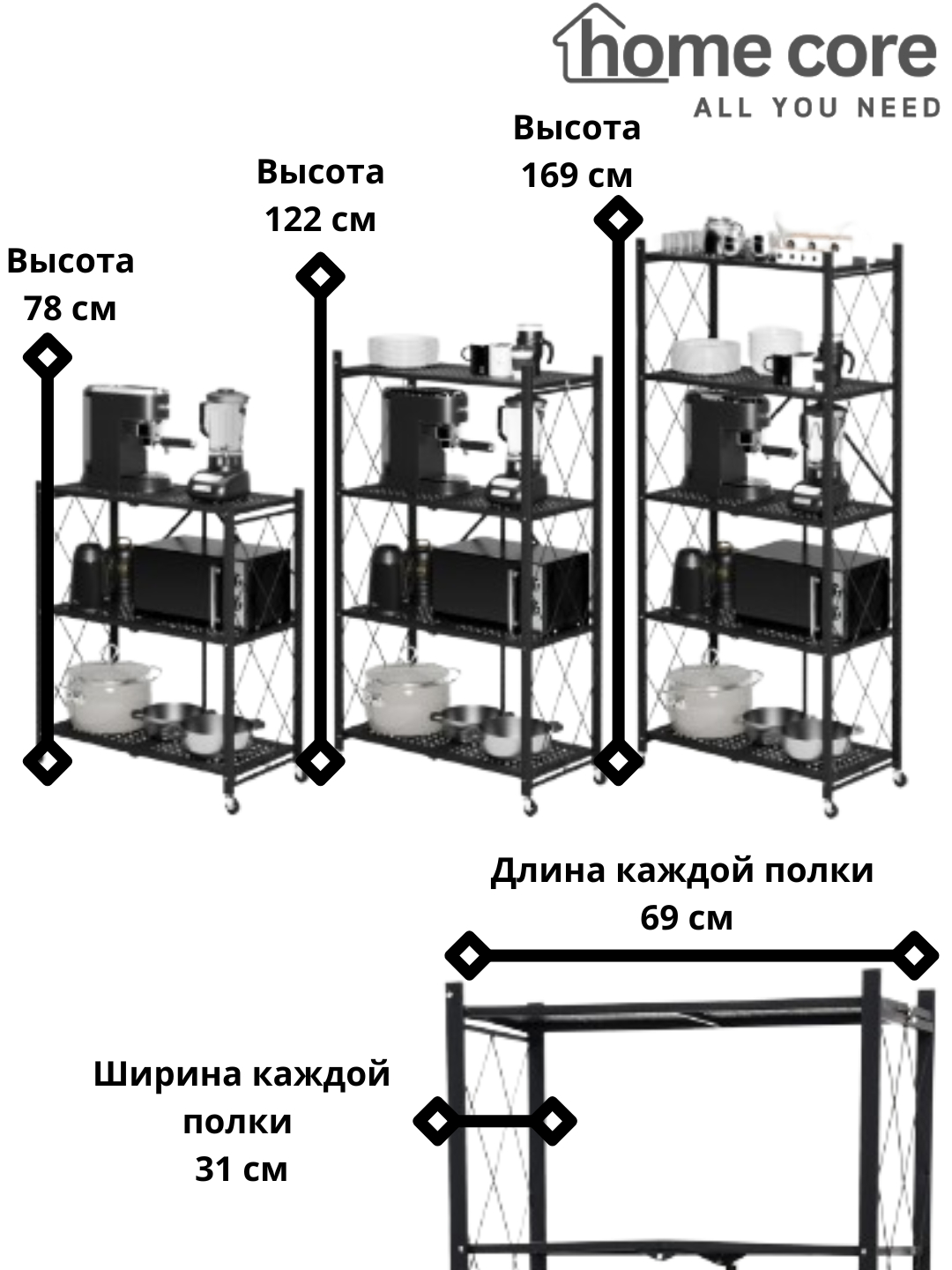 Стеллаж на колесиках складной, этажерка напольная, металлическая, 3/4/5  полок купить по низким ценам в интернет-магазине Uzum (1080142)