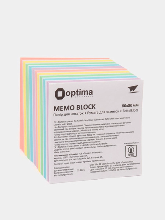 Бумага для заметок Optima Люкс, 80 * 80 мм, 250 листов