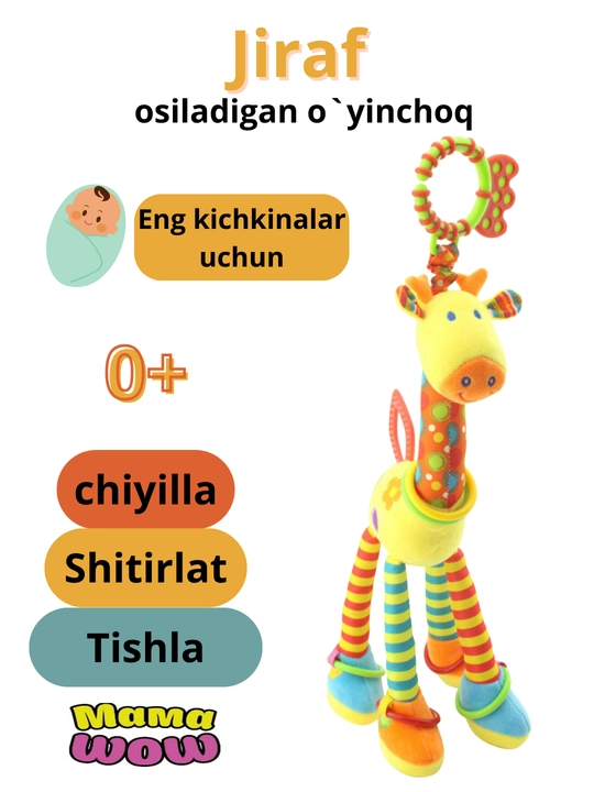Chaqaloqlar uchun shovqinli o'yinchoq, 0 dan, kemirishli shaqildoq, osilgan jirafa