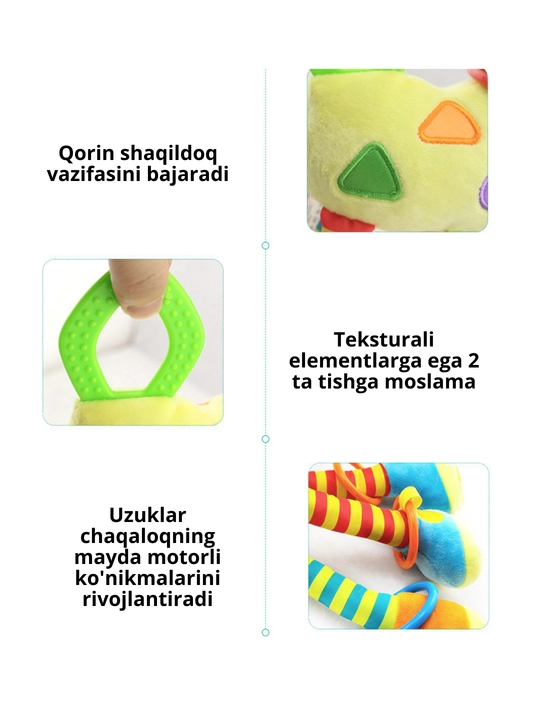 Chaqaloqlar uchun shovqinli o'yinchoq, 0 dan, kemirishli shaqildoq, osilgan jirafa