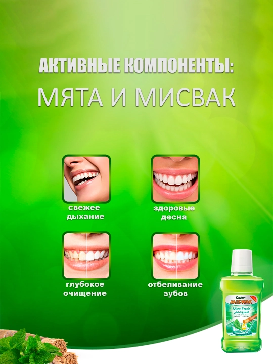 Dabur Miswak yalpizli - og'iz chayqash suvi, miswak va yalpiz qo'shilgan, 250 ml