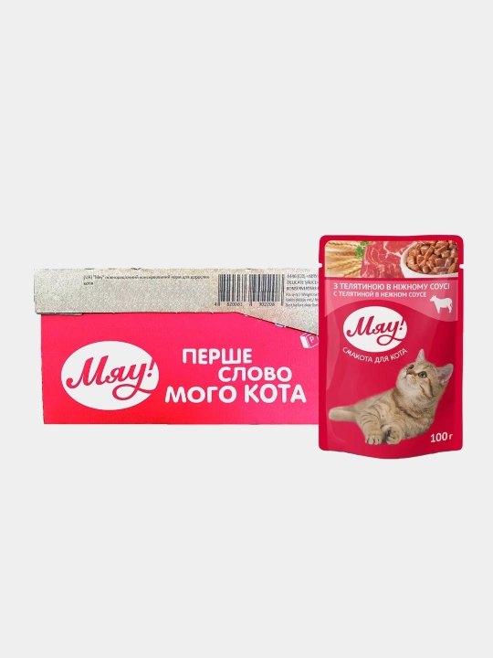 Nam ovqat Мяу kattalar mushuklari uchun "yumshoq sousda dana" 100 g, 24 dona - 