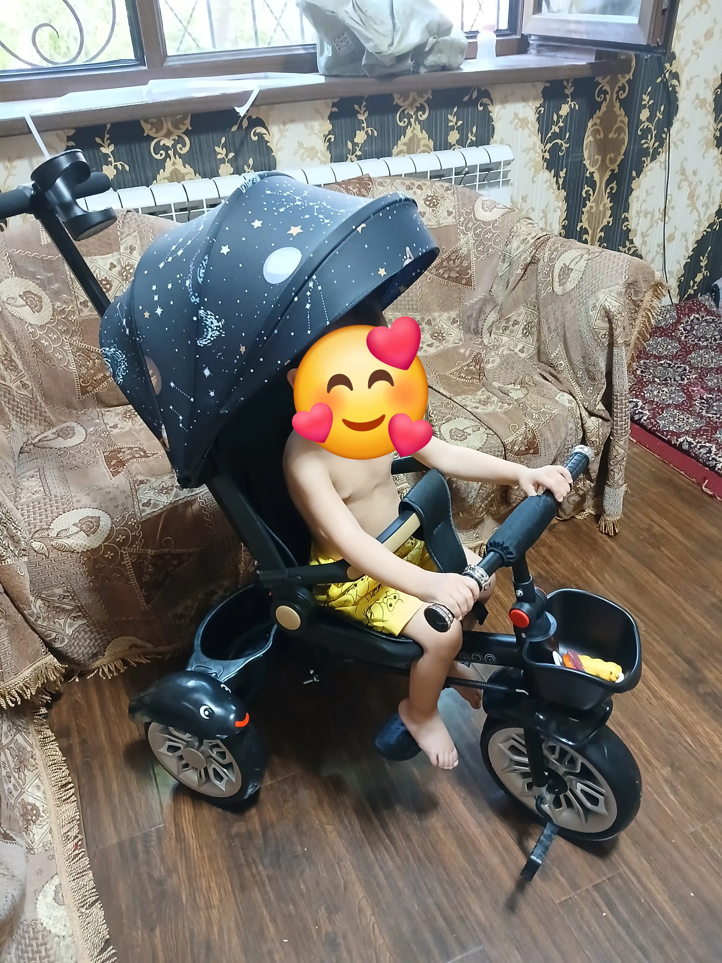 Velosiped aravachasi, 3 g'ildirakli, 360 aylanadigan o'rindiq bilan