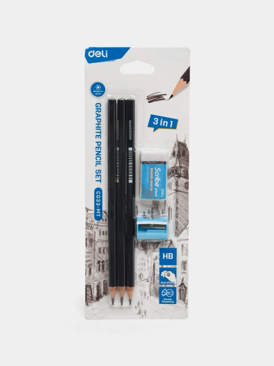 Набор Deli EC033-MT, карандаши 3 шт, точилка, ластик - 