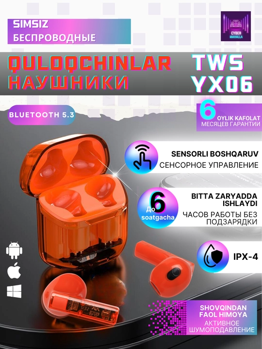Simsiz sensorli quloqchinlar TWS YX06, faol shovqinni bosuvchi, ishlashi 6 soatgacha - 